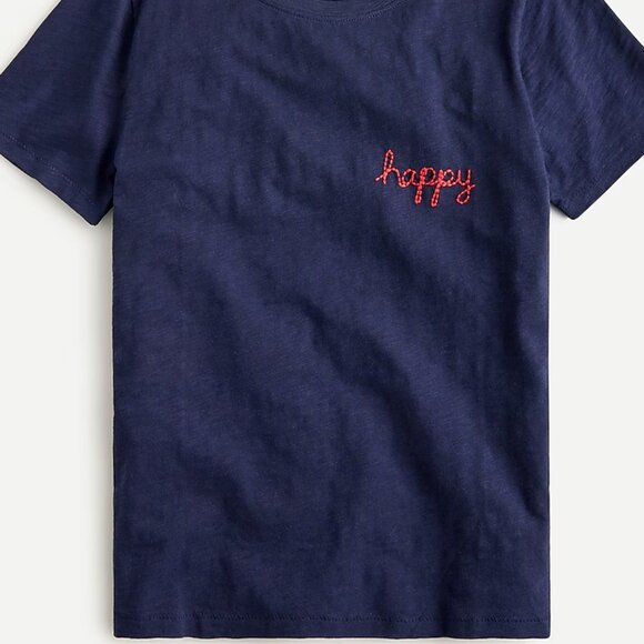 J.CREW Navy Blue Embroidered Happy Short Sleeve Tee Size Large - Picture 1 of 6
